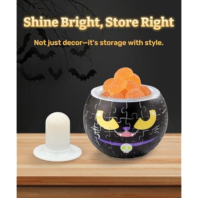 3D HALLOWEEN PUZZLE CANDLE LIGHT - LED JACK O LANTERN DECOR WITH FLAMELESS TEA LIGHTS - BATTERY OPERATED PLASTIC PUMPKINS FOR INDOOR & OUTDOOR SPOOKY DECORATIONS, MAGIC CAT [KL1075] - Image 3